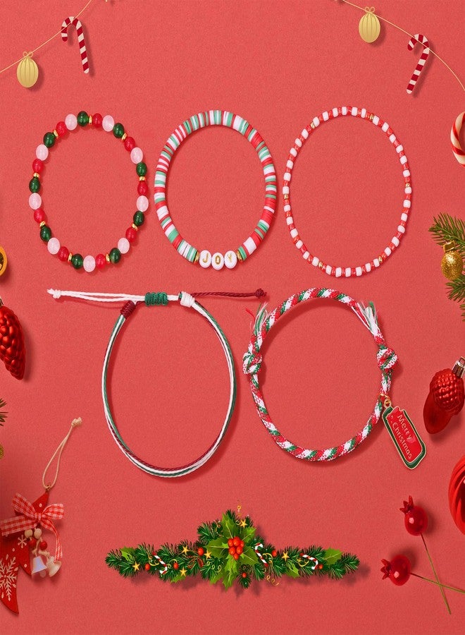 Raicegs 5PCS Christmas Bracelets - Clay Beaded Rope Natural Stone Wrap Crystal Bracelets Boho Stackable Set for Women - Image 4